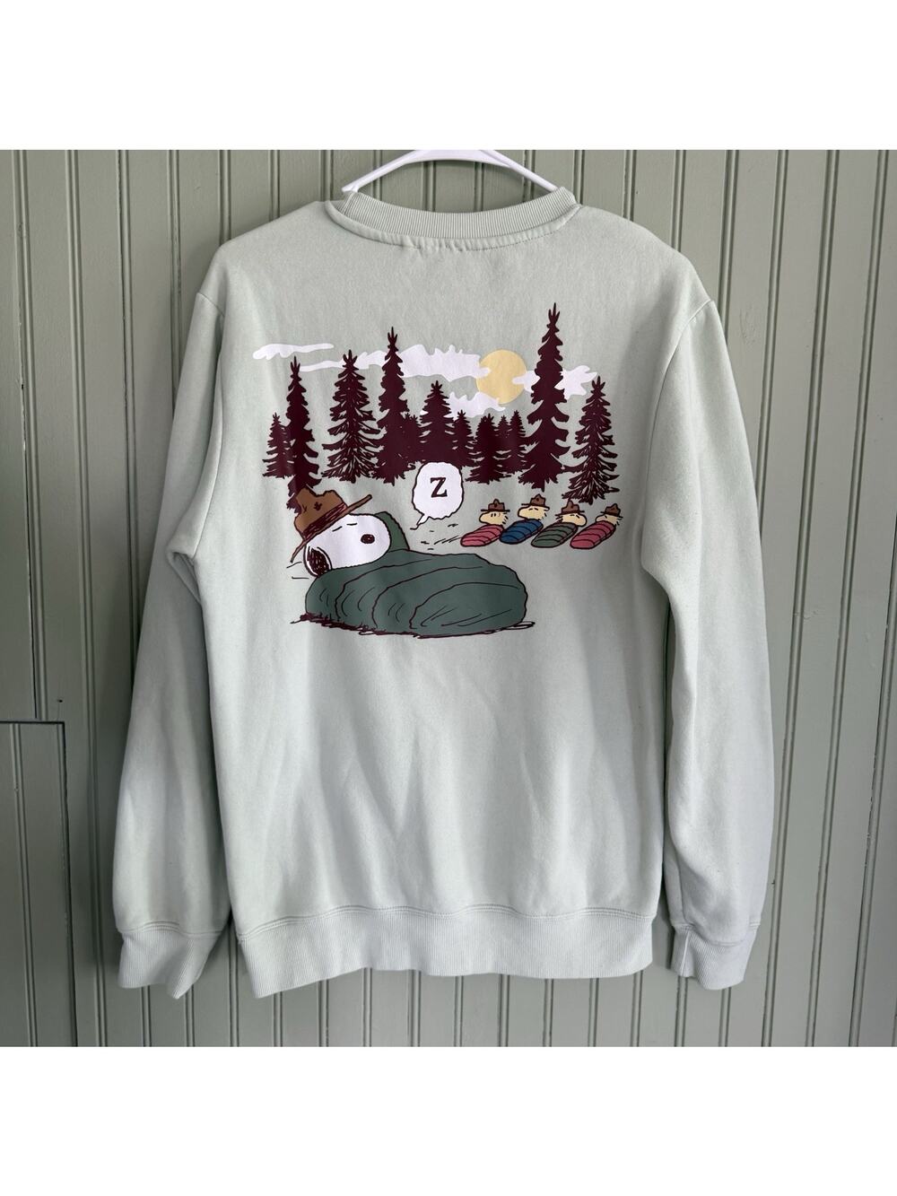 Peanuts Fleece Sweatshirt Womens Medium Mint Green Snoopy & Woodstock Camping